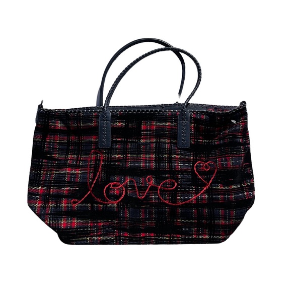 Desigual Tartan Shopping Bag Convertible Tote Shoulder Bag Embroidered Love New - Picture 6 of 11